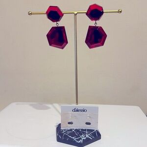 Vintage Dalessio Design Chicago Red Plastic Crystal Dangle Earrings Clip On 80s